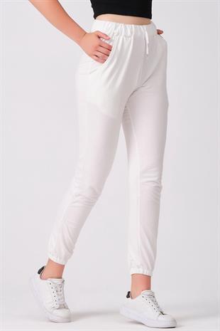 As Collection Beyaz Pamuklu Beli Lastikli Kordonlu Kadın Eşofman Altı