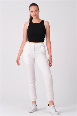 As Collection Beyaz Pamuklu Beli Lastikli Kordonlu Kadın Eşofman Altı