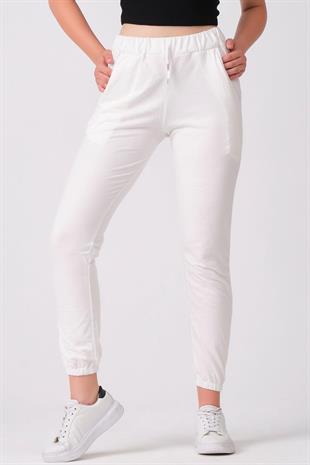 As Collection Beyaz Pamuklu Beli Lastikli Kordonlu Kadın Eşofman Altı