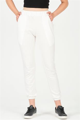 As Collection Beyaz Pamuklu Beli Lastikli Kadın Eşofman Altı