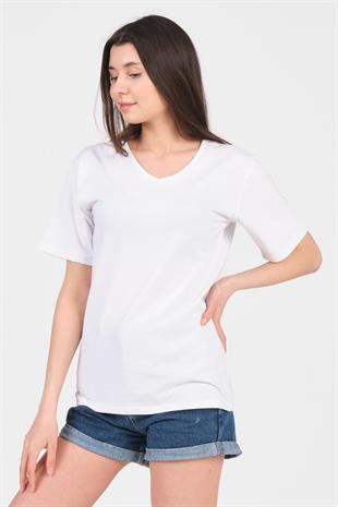 As Collection Beyaz V Yaka Kısa Kol Örme Kadın T-Shirt