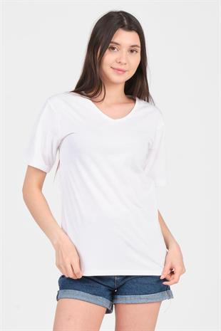As Collection Beyaz V Yaka Kısa Kol Örme Kadın T-Shirt