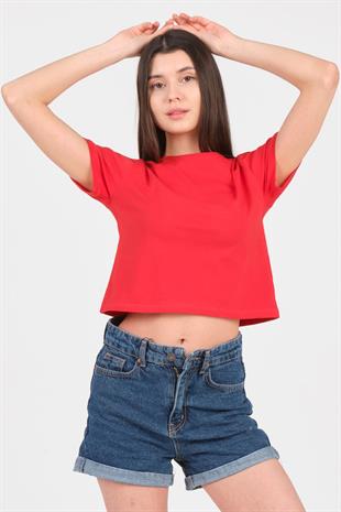 As Collection Kırmızı Bisiklet Yaka Kısa Kol Örme Kadın Crop