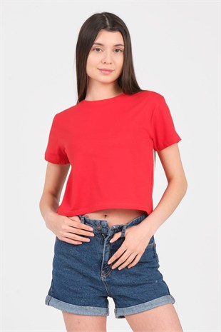 As Collection Kırmızı Bisiklet Yaka Kısa Kol Örme Kadın Crop