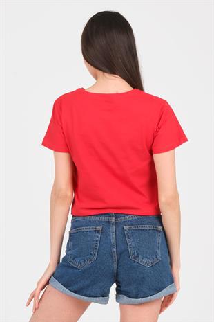 As Collection Kırmızı Bisiklet Yaka Kısa Kol Örme Kadın Crop