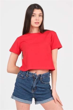 As Collection Kırmızı Bisiklet Yaka Kısa Kol Örme Kadın Crop
