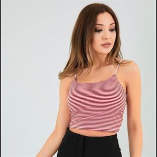 As Collection Kırmızı İp Askılı Çizgili Kadın Crop Atlet