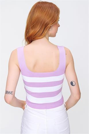 As Collection Lila Kalın Askılı Kare Yaka Çizgili Kadın Bluz