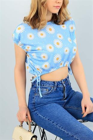 As Collection Mavi Kolları Lastikli Vatkalı Kadın Bluz