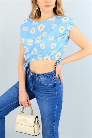 As Collection Mavi Kolları Lastikli Vatkalı Kadın Bluz