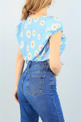 As Collection Mavi Kolları Lastikli Vatkalı Kadın Bluz