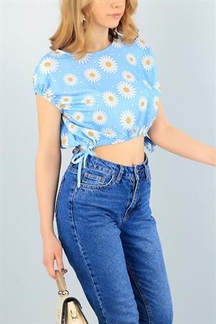 As Collection Mavi Kolları Lastikli Vatkalı Kadın Bluz