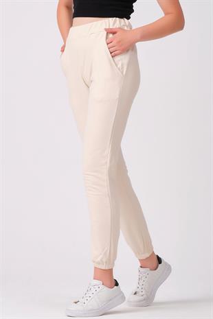 As Collection Pudra Pamuklu Beli Lastikli Kadın Eşofman Altı
