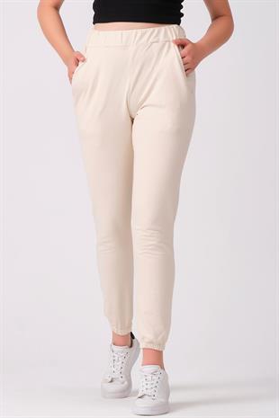 As Collection Pudra Pamuklu Beli Lastikli Kadın Eşofman Altı