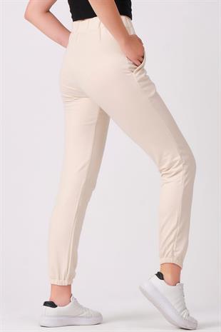 As Collection Pudra Pamuklu Beli Lastikli Kadın Eşofman Altı