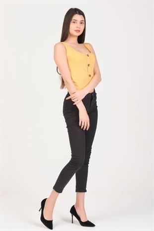 As Collection Sarı Düğmeli Kolsuz Kadın T-Shirt