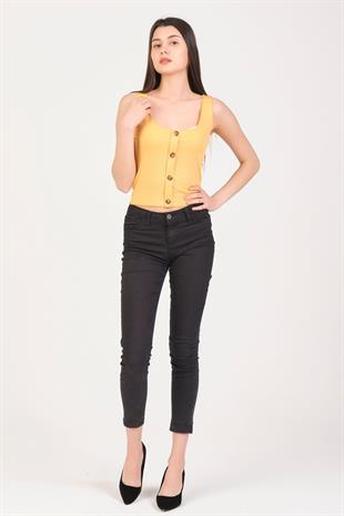 As Collection Sarı Düğmeli Kolsuz Kadın T-Shirt