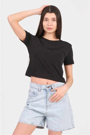 As Collection Siyah Bisiklet Yaka Kısa Kol Sandy Kadın Crop