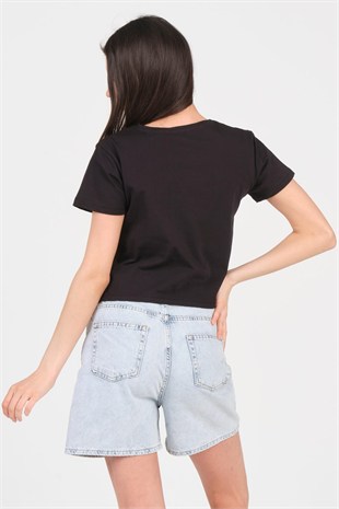 As Collection Siyah Bisiklet Yaka Kısa Kol Örme Kadın Crop