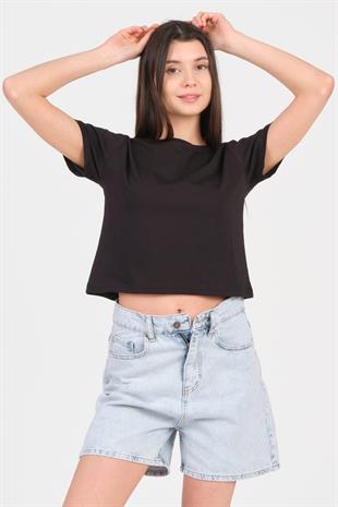 As Collection Siyah Bisiklet Yaka Kısa Kol Örme Kadın Crop