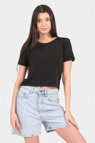 As Collection Siyah Bisiklet Yaka Kısa Kol Sandy Kadın Crop