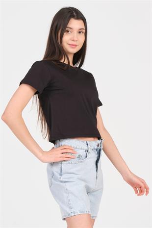 As Collection Siyah Bisiklet Yaka Kısa Kol Örme Kadın Crop