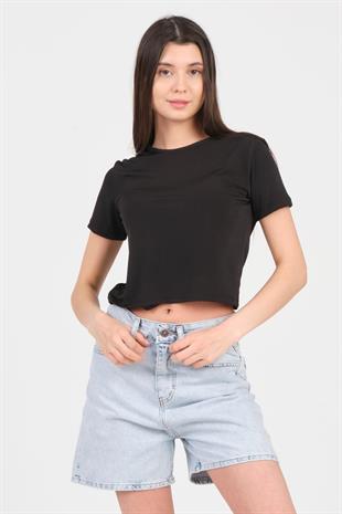 As Collection Siyah Bisiklet Yaka Kısa Kol Sandy Kadın Crop