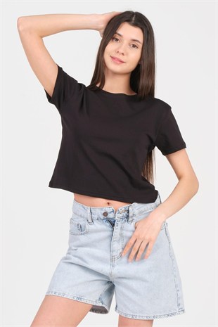 As Collection Siyah Bisiklet Yaka Kısa Kol Örme Kadın Crop