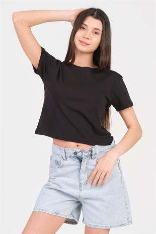 As Collection Siyah Bisiklet Yaka Kısa Kol Örme Kadın Crop