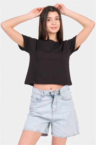 As Collection Siyah Bisiklet Yaka Kısa Kol Örme Kadın Crop