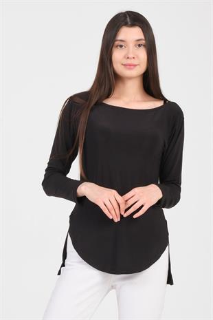 As Collection Siyah Uzun Kol Yırtmaçlı Sandy Kadın T-Shirt