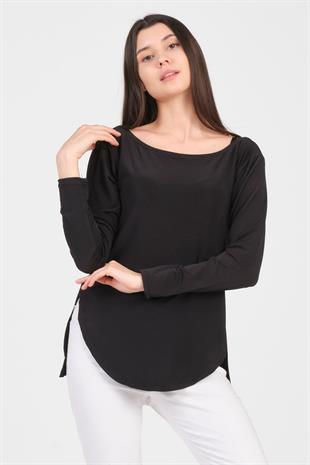 As Collection Siyah Uzun Kol Yırtmaçlı Sandy Kadın T-Shirt
