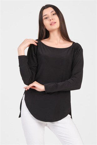 As Collection Siyah Uzun Kol Yırtmaçlı Sandy Kadın T-Shirt
