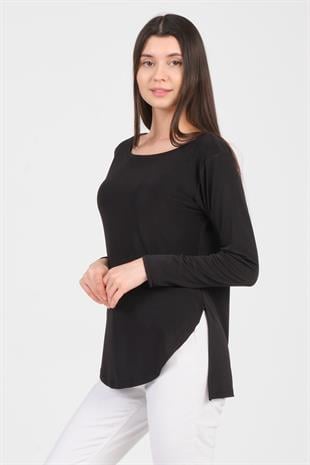 As Collection Siyah Uzun Kol Yırtmaçlı Sandy Kadın T-Shirt