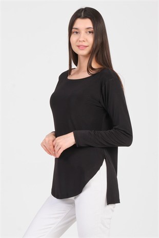 As Collection Siyah Uzun Kol Yırtmaçlı Sandy Kadın T-Shirt