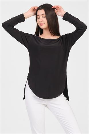 As Collection Siyah Uzun Kol Yırtmaçlı Sandy Kadın T-Shirt