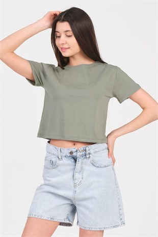 As Collection Yeşil Bisiklet Yaka Kısa Kol Örme Kadın Crop