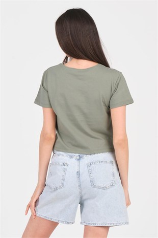 As Collection Yeşil Bisiklet Yaka Kısa Kol Örme Kadın Crop