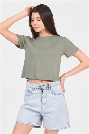 As Collection Yeşil Bisiklet Yaka Kısa Kol Örme Kadın Crop