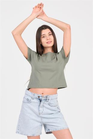 As Collection Yeşil Bisiklet Yaka Kısa Kol Örme Kadın Crop