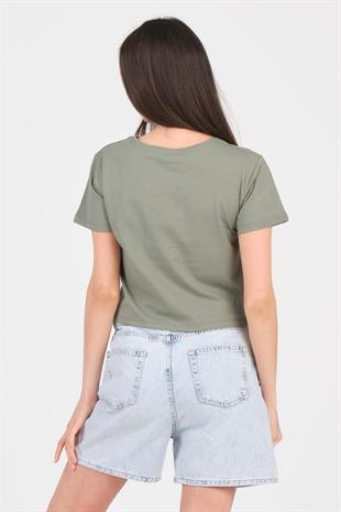 As Collection Yeşil Bisiklet Yaka Kısa Kol Örme Kadın Crop