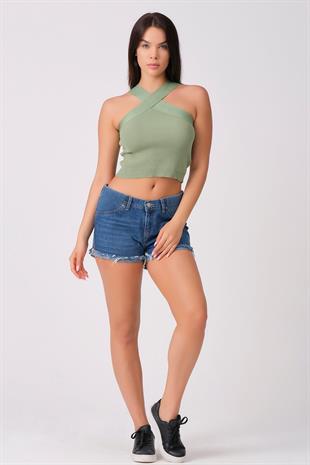 As Collection Yeşil Çapraz Yakalı Yazlık Triko Kadın Bluz