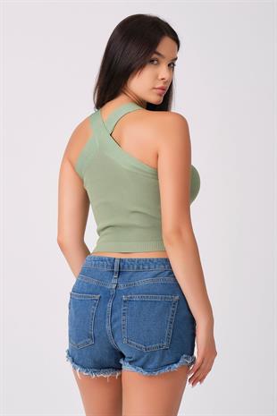As Collection Yeşil Çapraz Yakalı Yazlık Triko Kadın Bluz