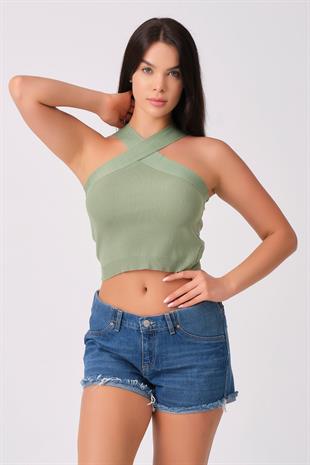 As Collection Yeşil Çapraz Yakalı Yazlık Triko Kadın Bluz