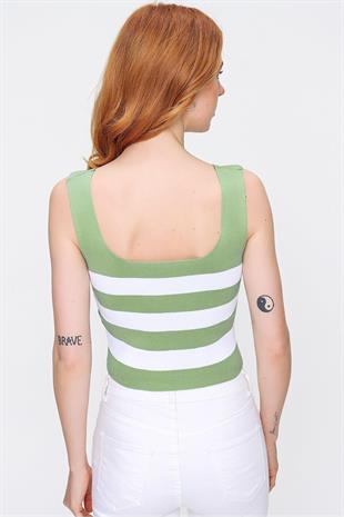 As Collection Yeşil Kalın Askılı Kare Yaka Çizgili Kadın Bluz