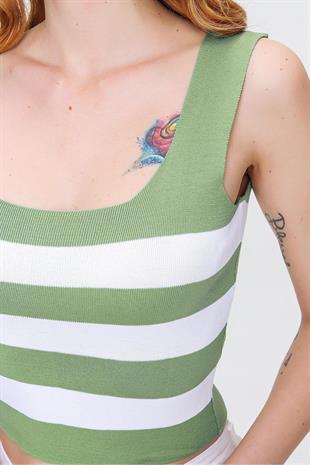 As Collection Yeşil Kalın Askılı Kare Yaka Çizgili Kadın Bluz