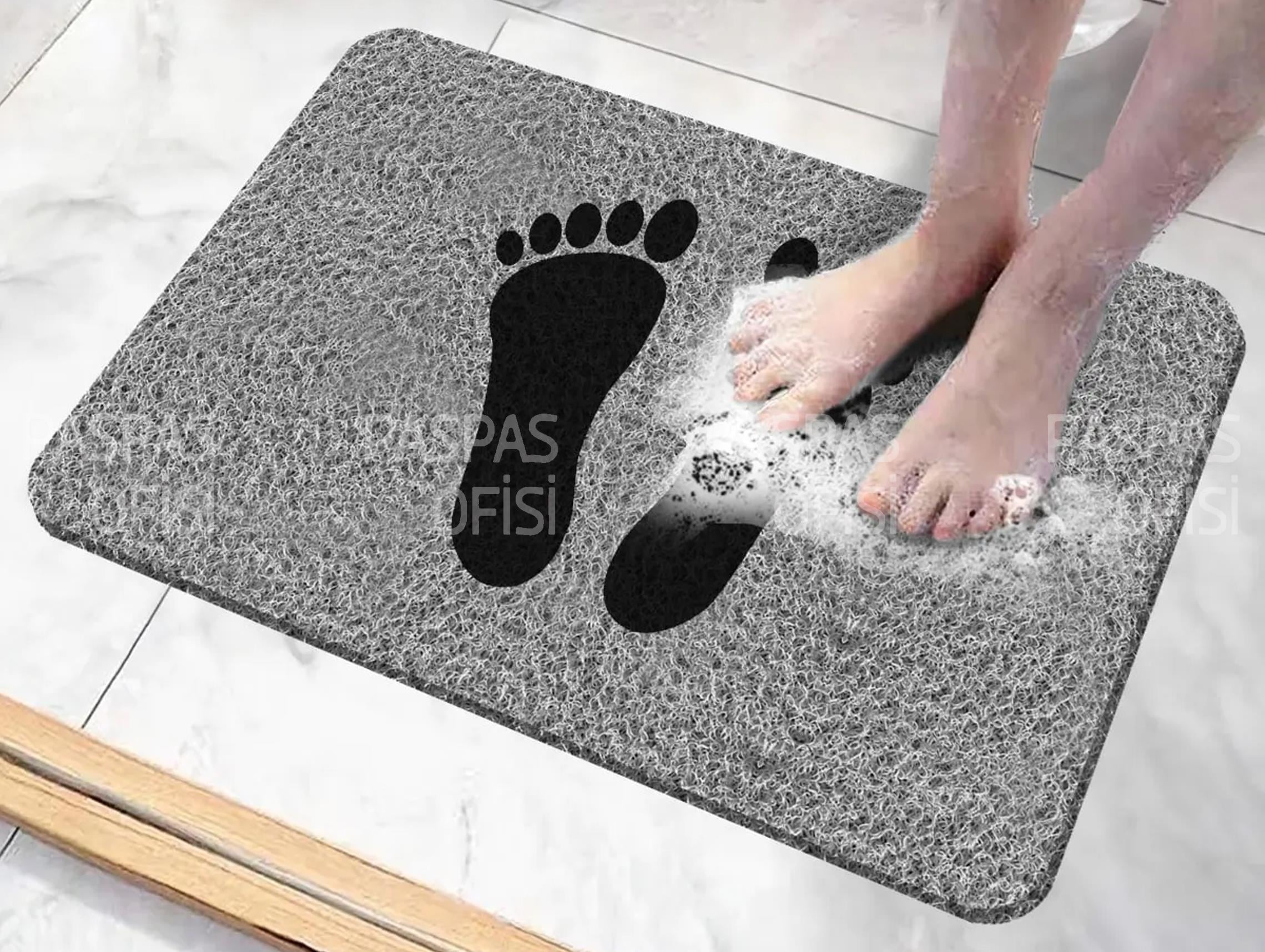 Ayak İzli Banyo Paspası Küvet Paspası Su Emici Paspas Kaydırmaz Paspas Gri
