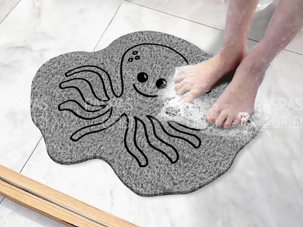 Ahtapot Tasarımlı Banyo Paspası Duşa Kabin Paspası Kaymaz Paspas Gri