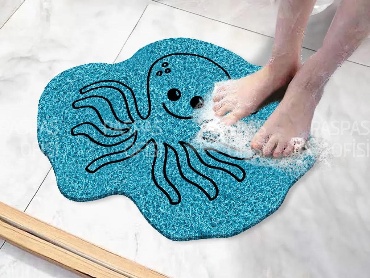 Ahtapot Tasarımlı Banyo Paspası Duşa Kabin Paspası Kaymaz Paspas Mavi