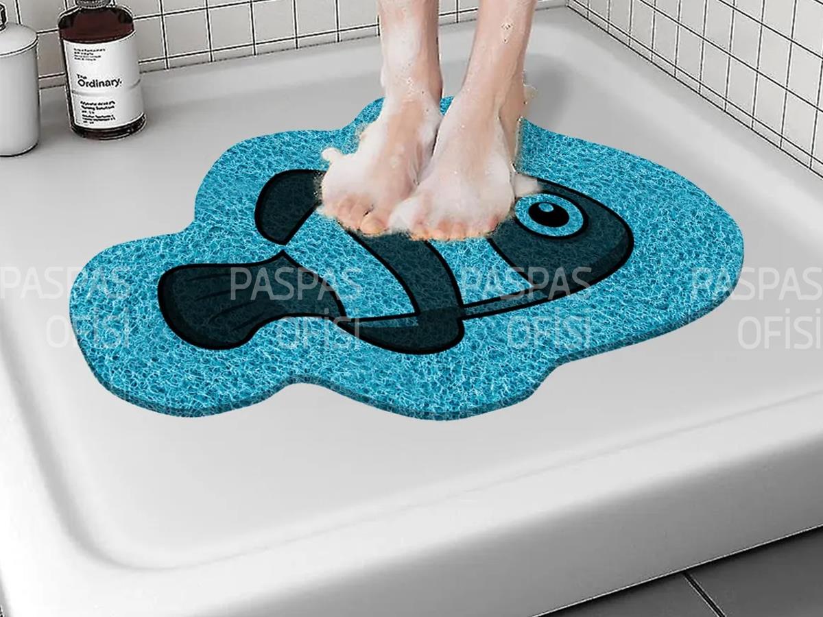 Balık Tasarımlı Banyo Paspası Su Emici Küvet Paspası Kaydırmaz Paspas Mavi